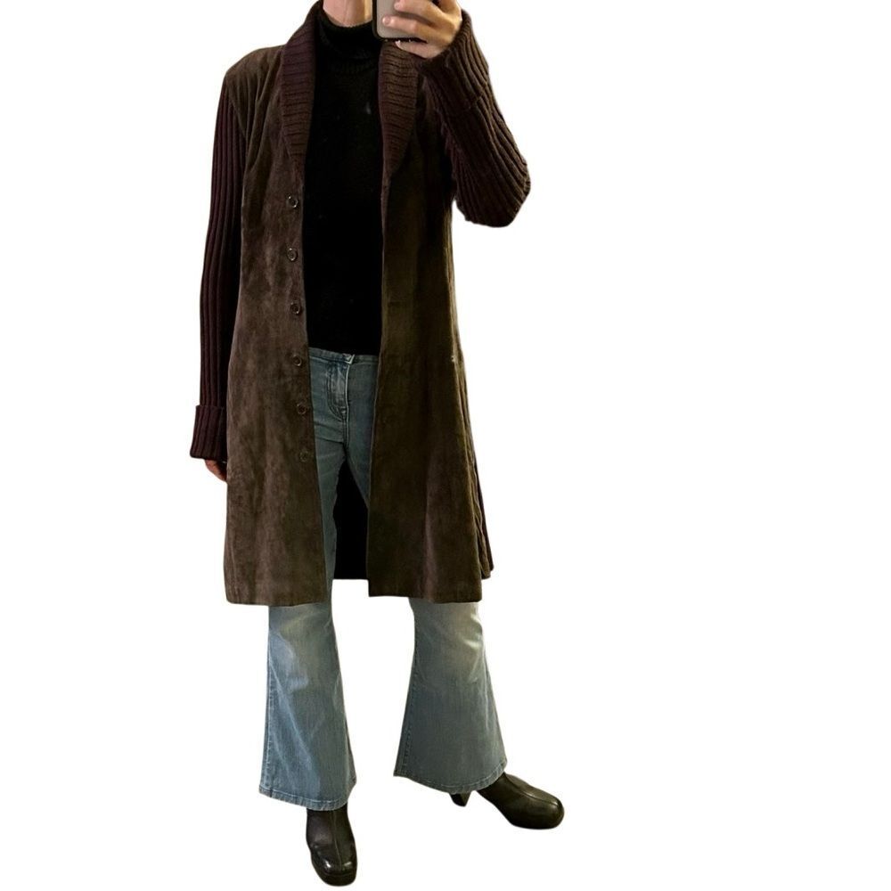 Suede Brown Long Cardigan Jacket Ribbed Sweater Shawl Collar Vintage Y2K L